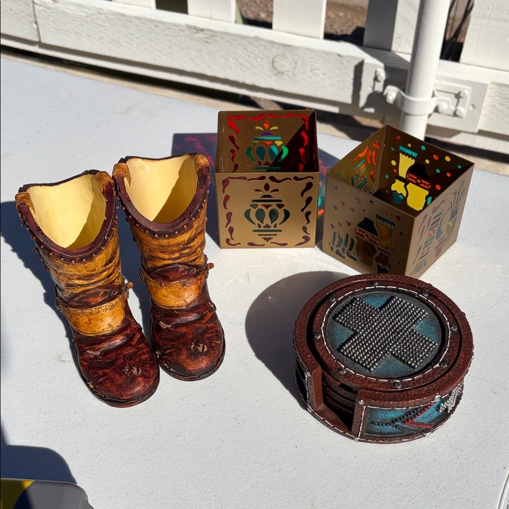 Home Interiors Rustic Boot and Lantern Decor Set - Brown and Gold